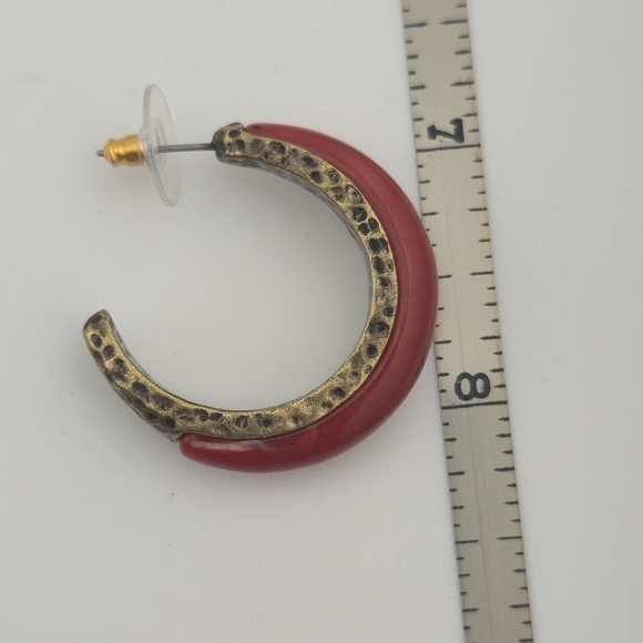 Red Enamel & Antiqued Brass Hoop Earrings 1.5” Bold Retro Look - Picture 9 of 9